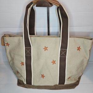 Rare Vintage L.L. Bean Boat & Tote Canvas Bag Sea Star Embroidery Leather Handle